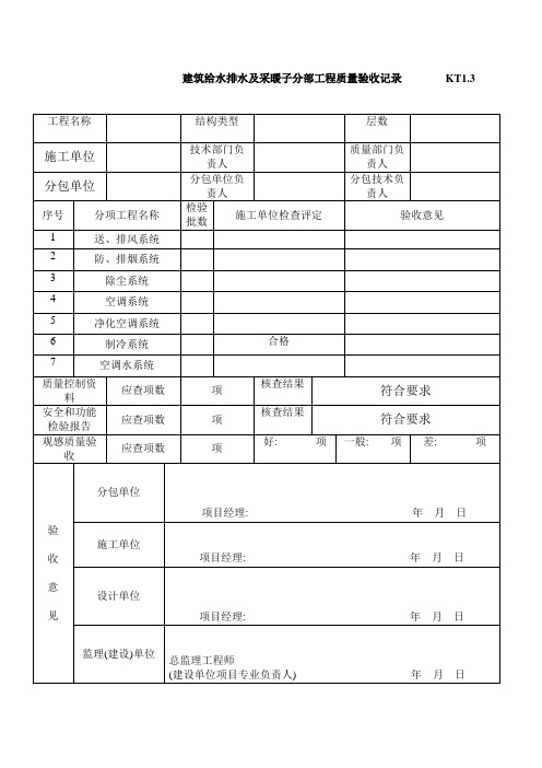 通风与空调分部工程质量验收记录  KT1。3