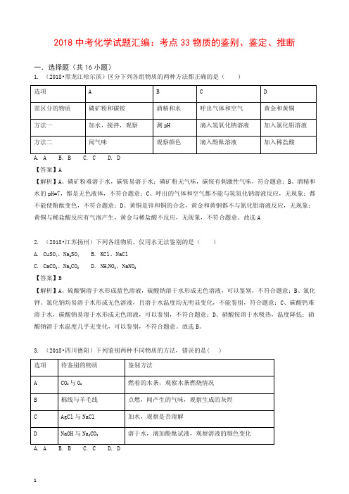 【精品】2018中考化学试题汇编考点33物质的鉴别鉴定推断含解析