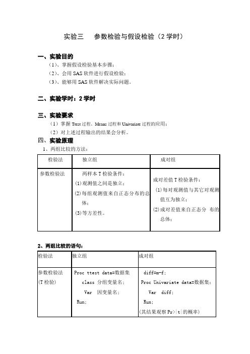 sas实验三参数检验与假设检验指导书