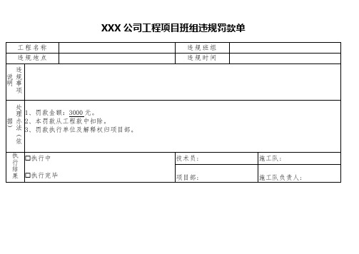 XXX公司工程项目班组违规罚款单