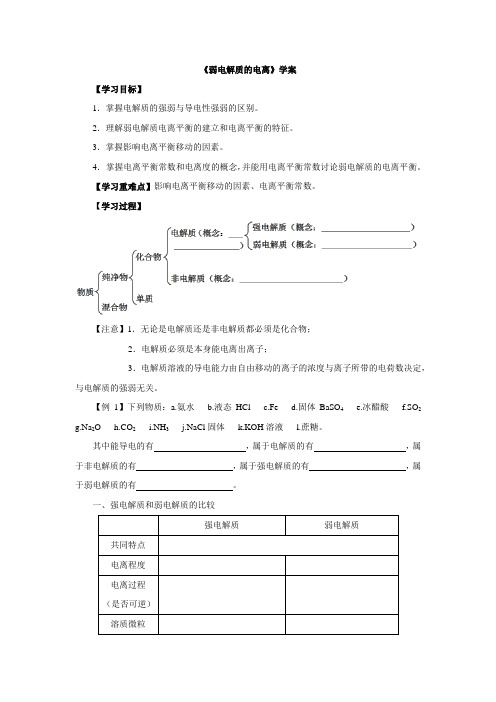 2019-2020年人教版化学选修4学案  3.1弱电解质的电离