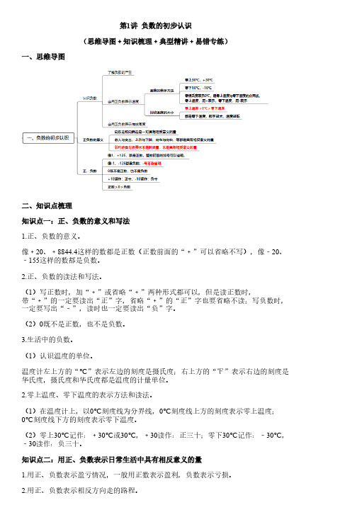 第1讲 负数的初步认识(思维导图+知识梳理+例题精讲+易错专练)苏教版(1)