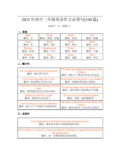 2025年初中二年级英语作文必背句(530篇)