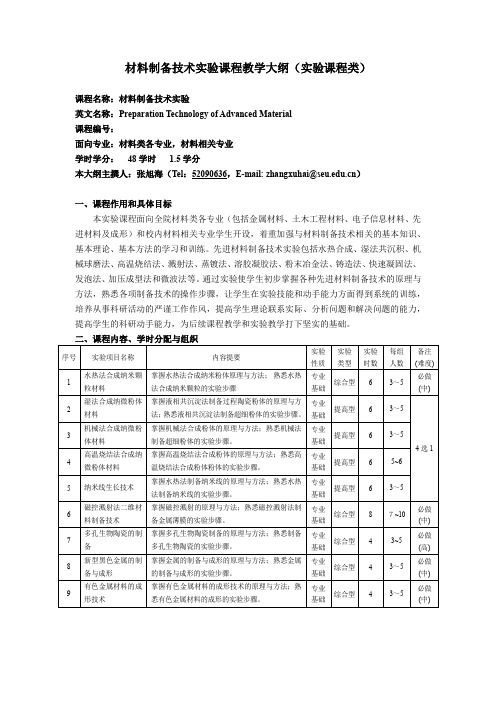 材料制备技术实验课程教学大纲(实验课程类)