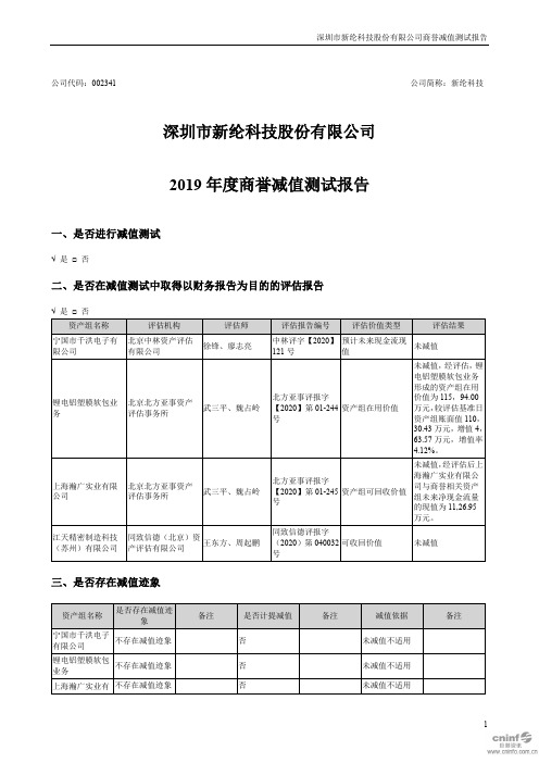 新纶科技：2019年度商誉减值测试报告