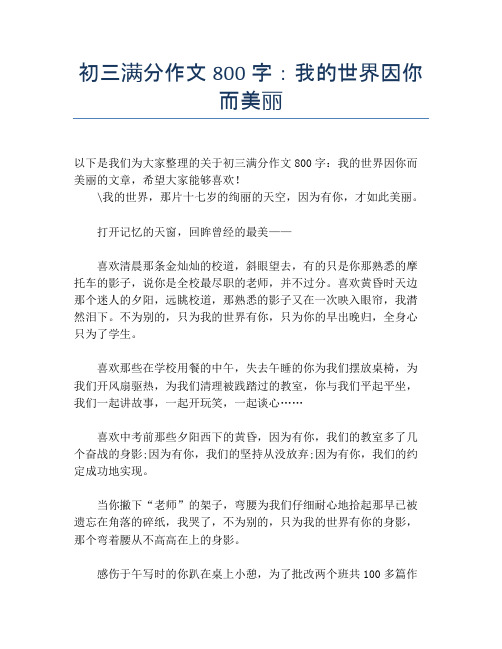 初三满分作文800字:我的世界因你而美丽