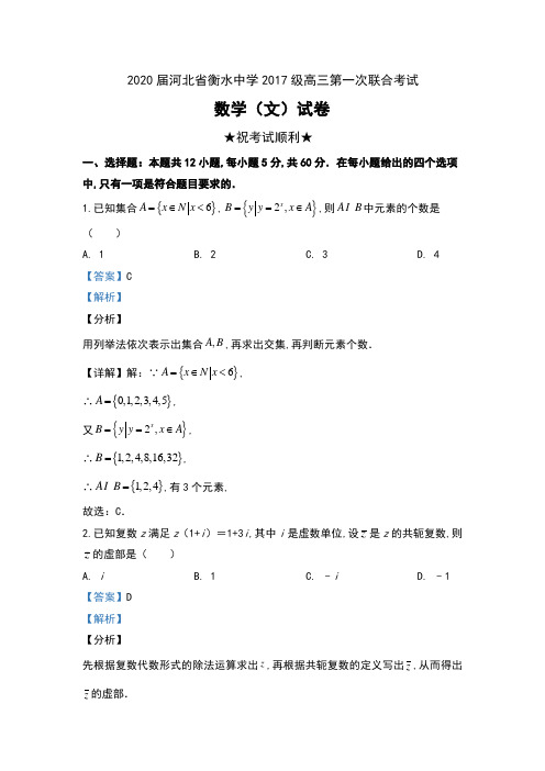 2020届河北省衡水中学2017级高三第一次联合考试数学(文)试卷及解析