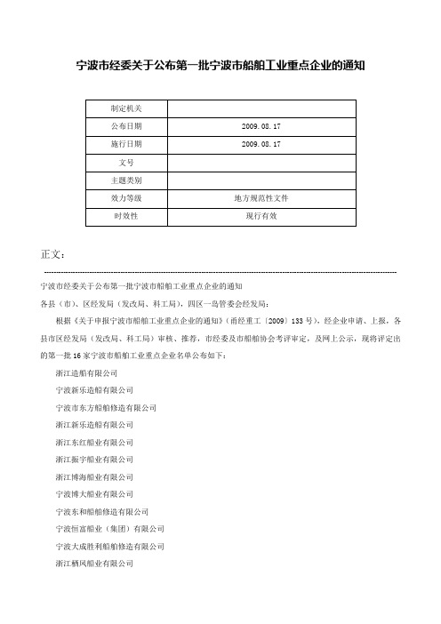 宁波市经委关于公布第一批宁波市船舶工业重点企业的通知-