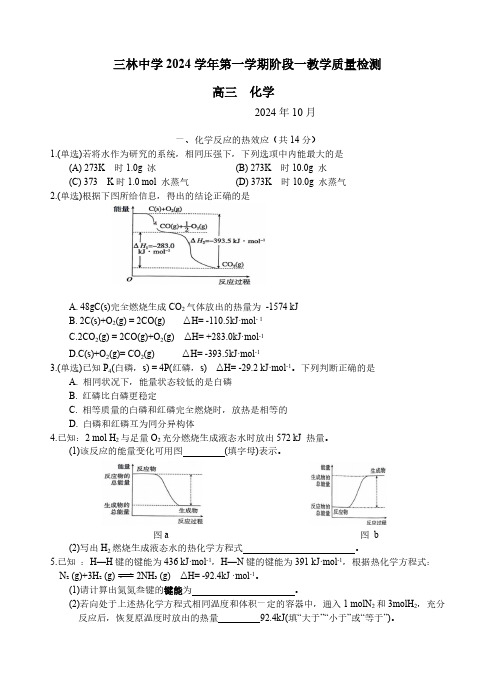 上海市三林中学2024-2025学年高三上学期阶段一教学质量检测化学试卷(含答案)