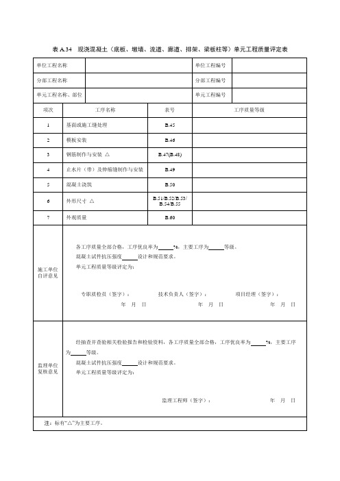 现浇混凝土底板单元工程质量评定表