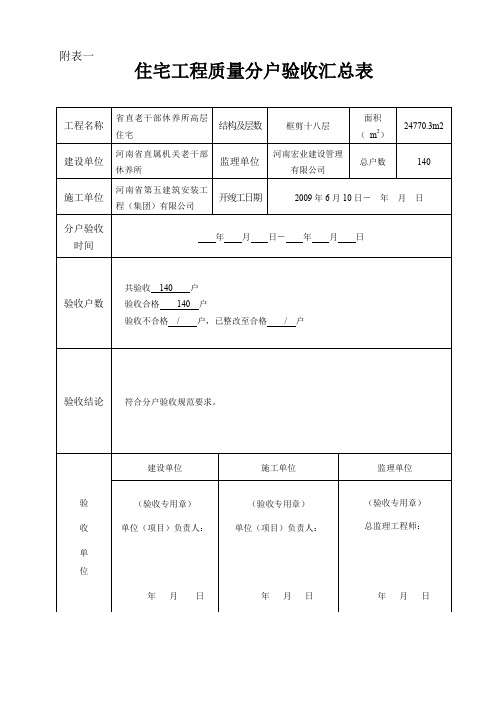 住宅分户验收表格(表一~表八)