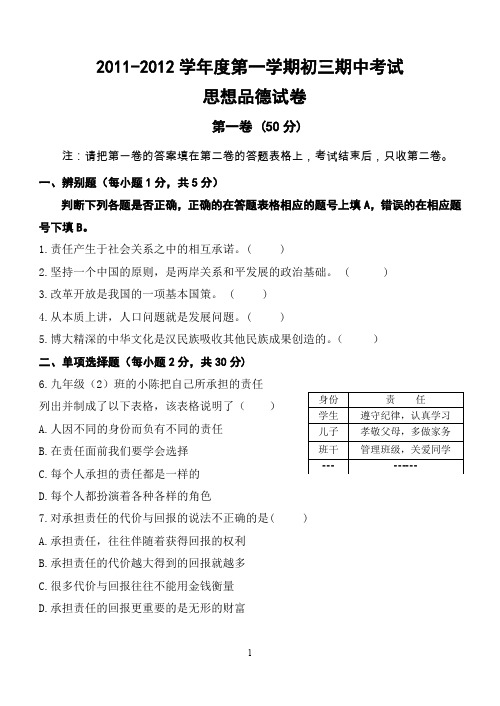 2011-2012第一学期九年级思想品德期中考试试题.doc