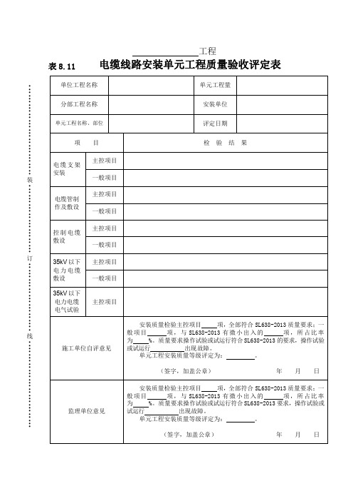 电缆线路安装单元工程质量验收评定表