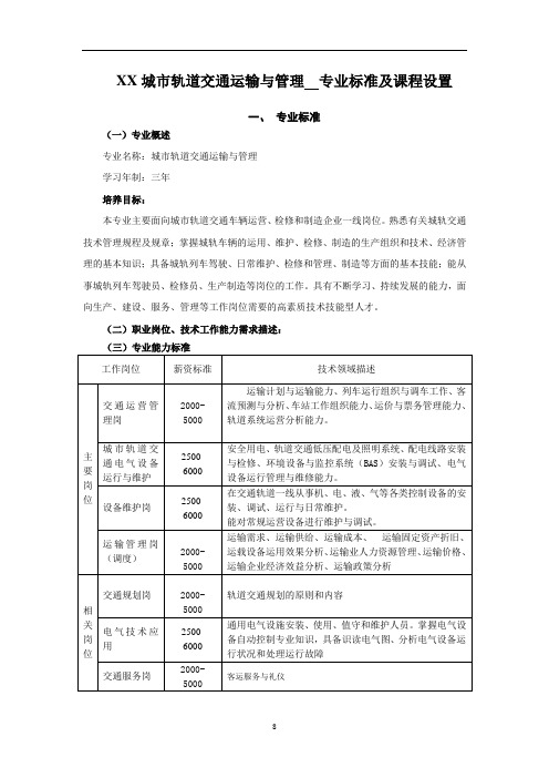 XX城市轨道交通运输与管理  专业标准及课程设置