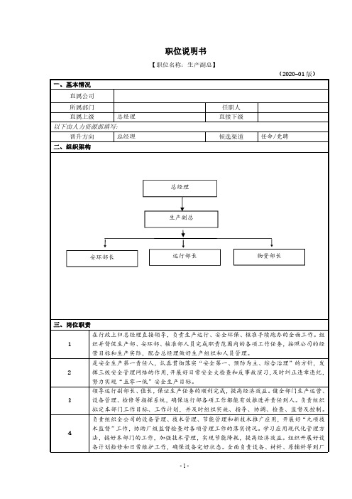 电厂生产副总岗位说明书