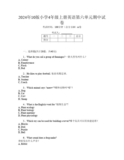 2024年10版小学4年级上册B卷英语第六单元期中试卷