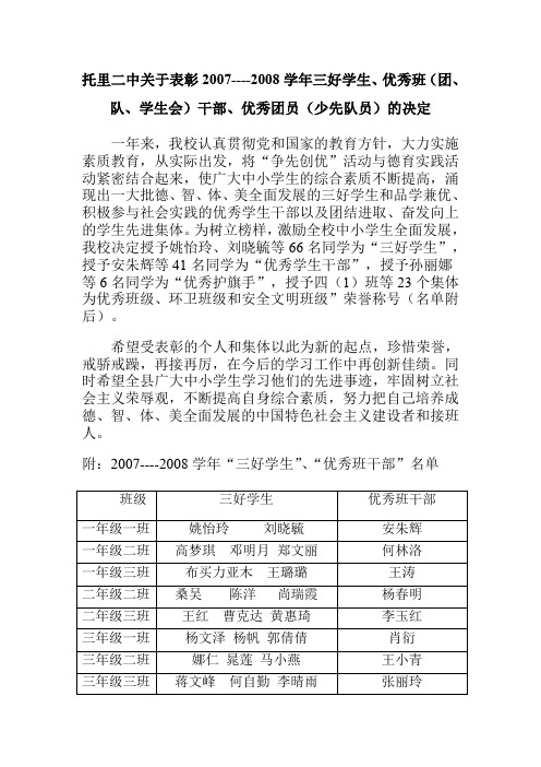 托里二中关于表彰2007----2008学年三好学生、优秀班(团、队、学生会)干部、优秀团员(少先队员)的决定