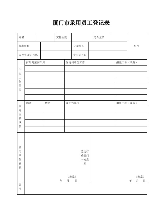 厦门市录用员工登记表