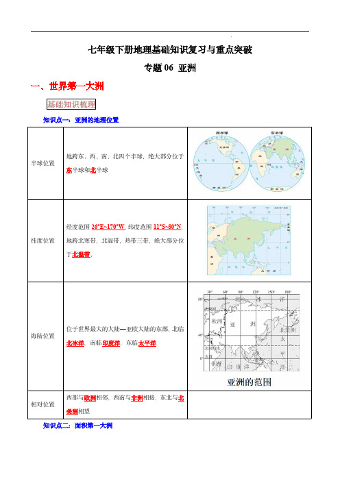 2024年中考地理考前背诵知识手册汇总(全国通用版)：专题06 亚洲