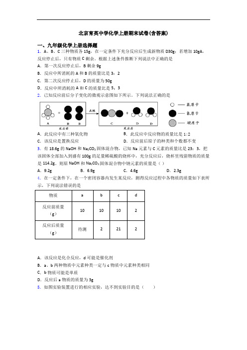 北京育英中学化学初三化学上册期末试卷(含答案)