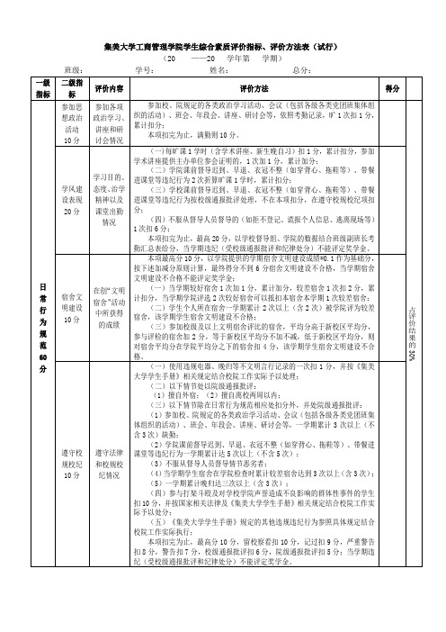 集美大学工商管理学院学生综合素质评价指标、评价方法表(学院最新)