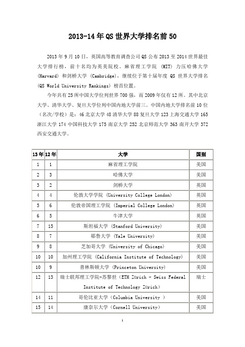 2013-14年QS世界大学排名前50及2013年USNews美国大学生物医学与生物工程专业研究生排名