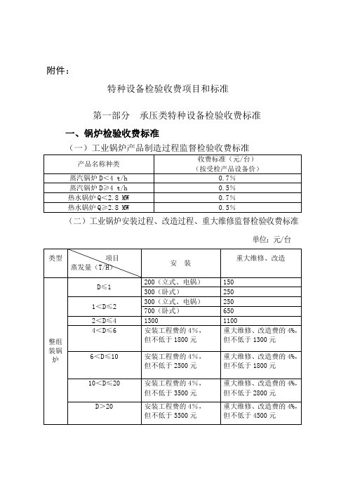 特种设备检验收费项目和标准