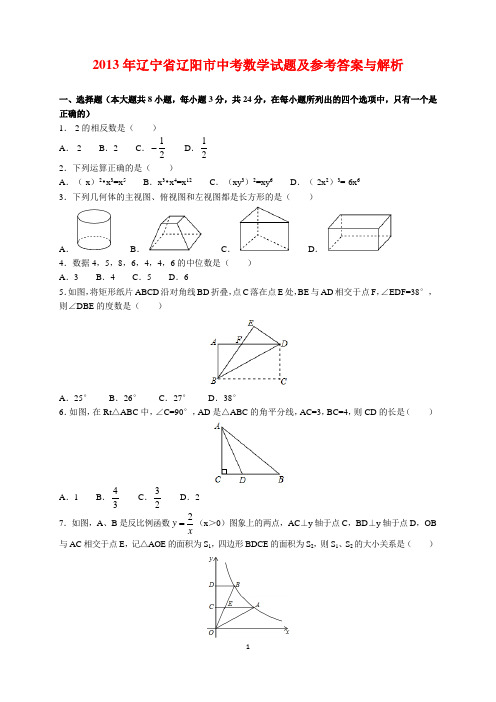 2013年辽宁省辽阳市中考数学试题及参考答案(word解析版)