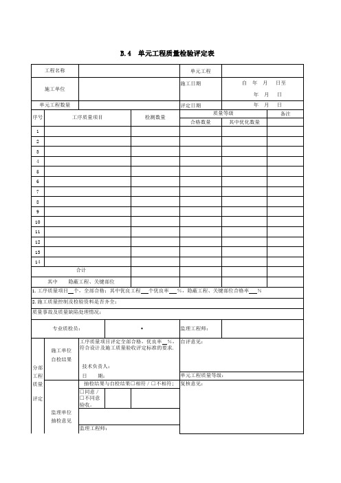 B.4  单元工程质量检验评定表