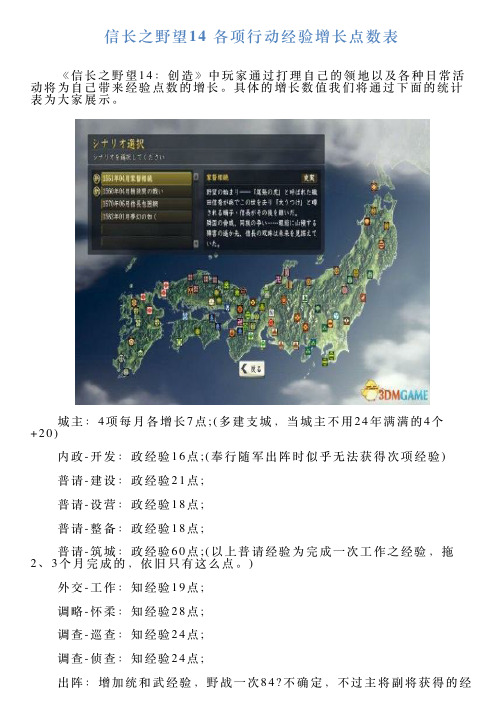 信长之野望14各项行动经验增长点数表