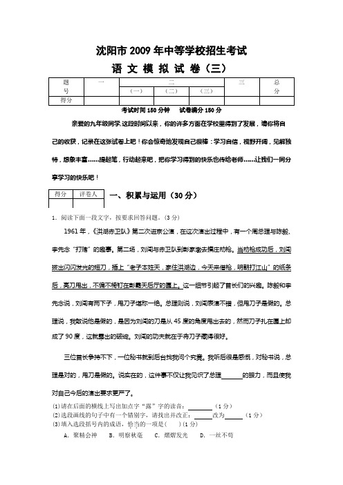 2009年辽宁省沈阳市中等学校招生考试语文模拟试卷(三)