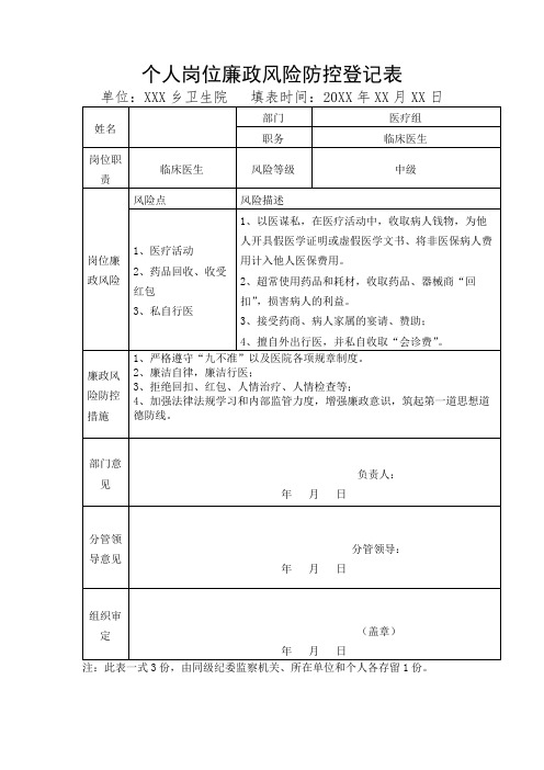 卫生院个人岗位廉政风险防控登记表