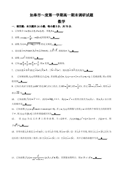 江苏省如皋市10-11年高一上学期期末调研试卷(数学)缺答案