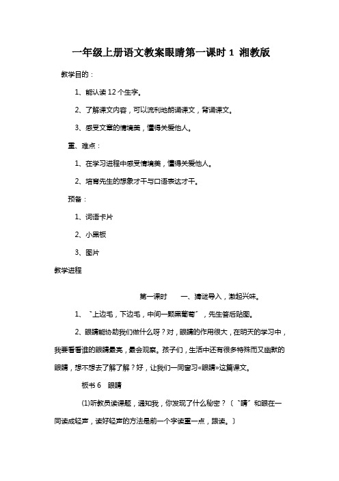 一年级上册语文教案眼睛第一课时1 湘教版