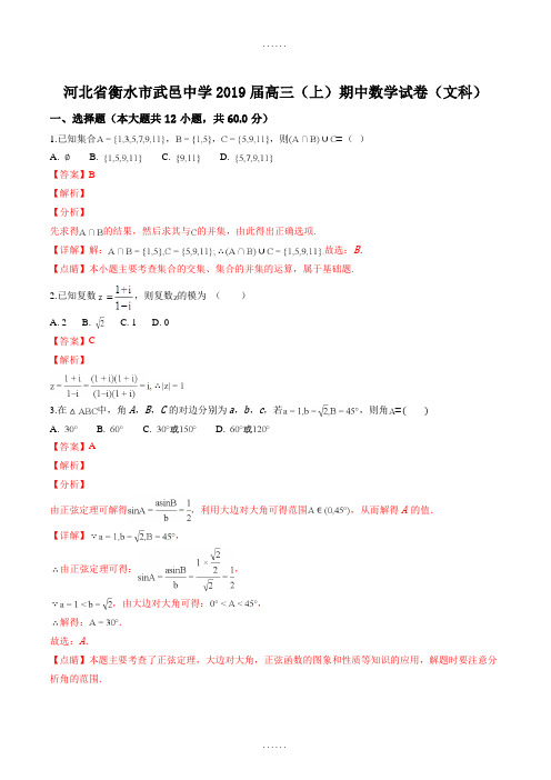 河北省武邑中学2019届高三(上)期中数学试题(文科)(附参考答案)