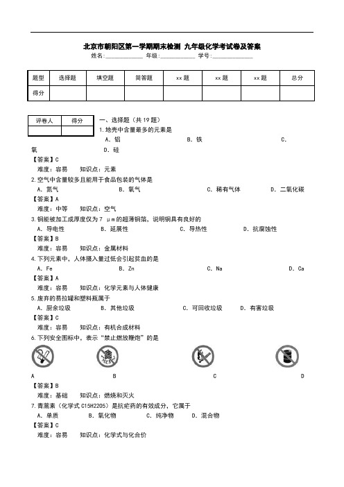 北京市朝阳区第一学期期末检测 九年级化学考试卷及答案.doc