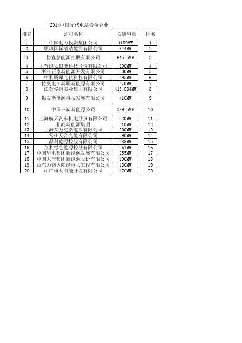 2013及2014中国光伏各项前20排名