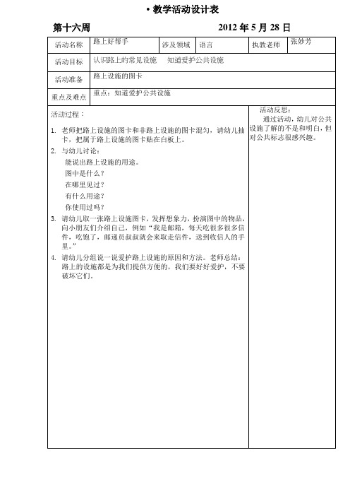 坑头幼儿园2011学年第二学期小三班备课,第十六周