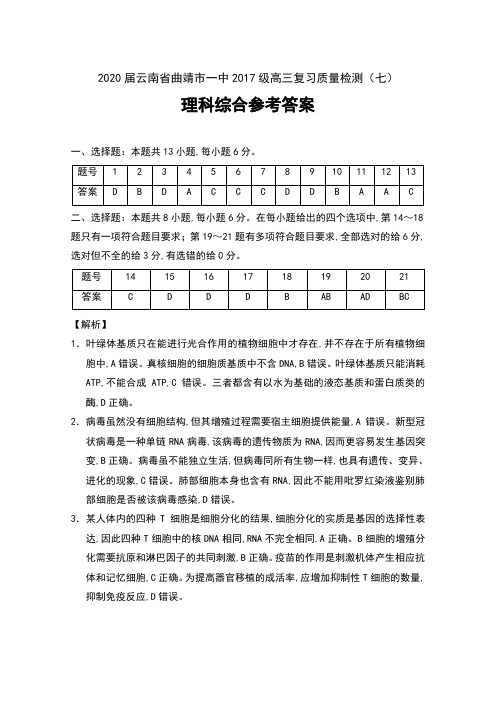 2020届云南省曲靖市一中2017级高三复习质量检测(七)理科综合试卷参考答案