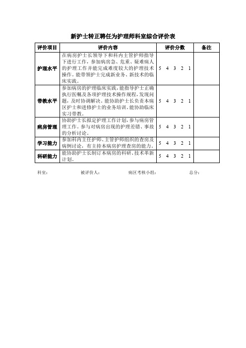 新护士转正聘任为护理师科室综合评价表