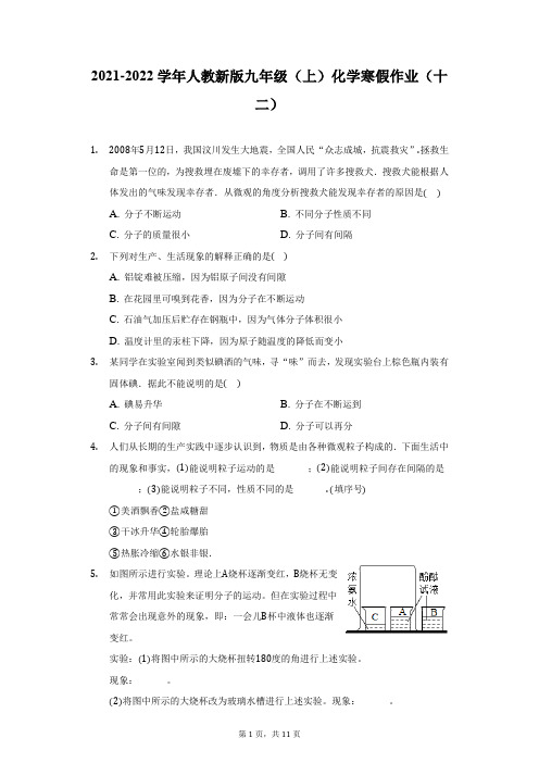 2021-2022学年人教新版九年级(上)化学寒假作业(十二)(附详解)