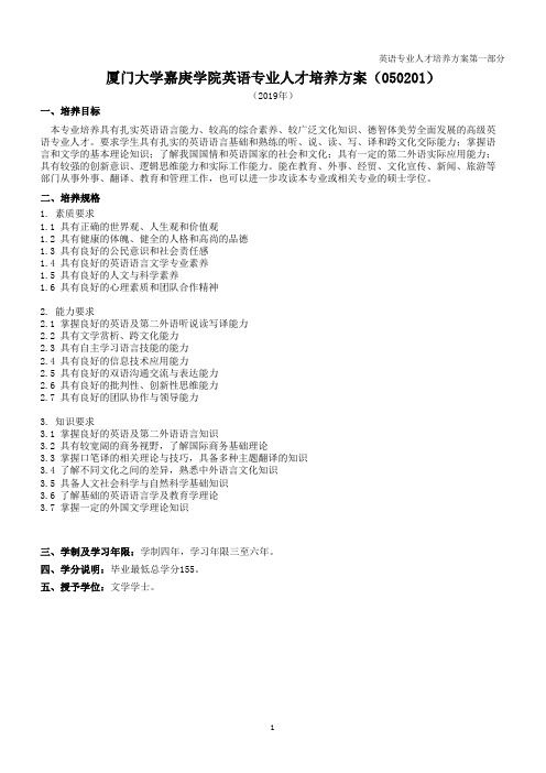 厦门大学嘉庚学院英语专业人才培养方案(050201)