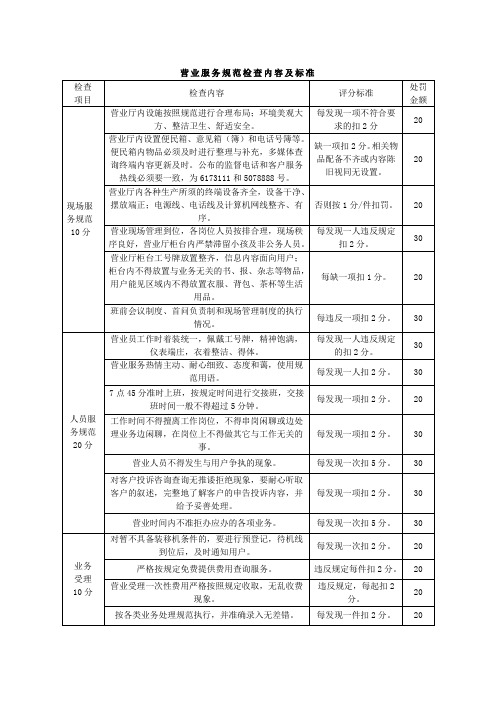 营业服务规范检查内容及标准