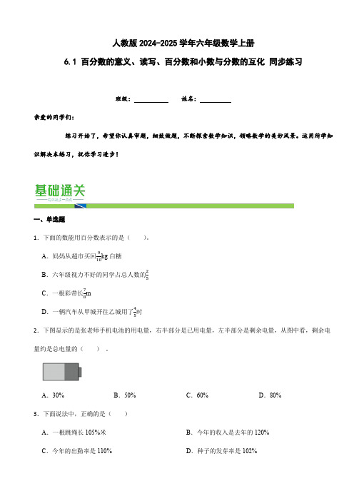 人教版六年级数学上册6.1 百分数的意义、读写、百分数和小数与分数的互化 同步练习(含答案)