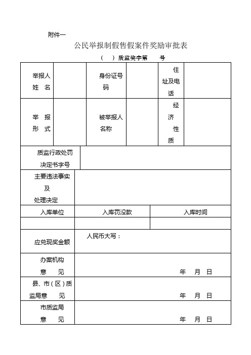 公民举报制假售假案件奖励审批表