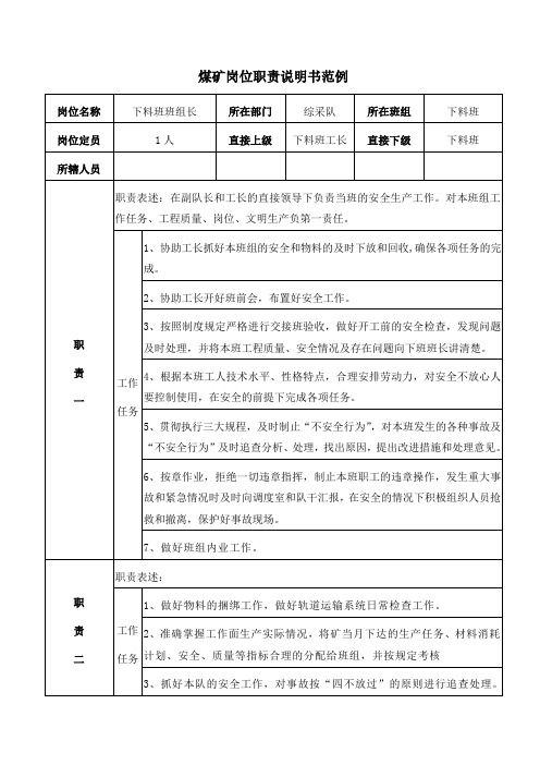 煤矿下料班班组长岗位职责说明范例