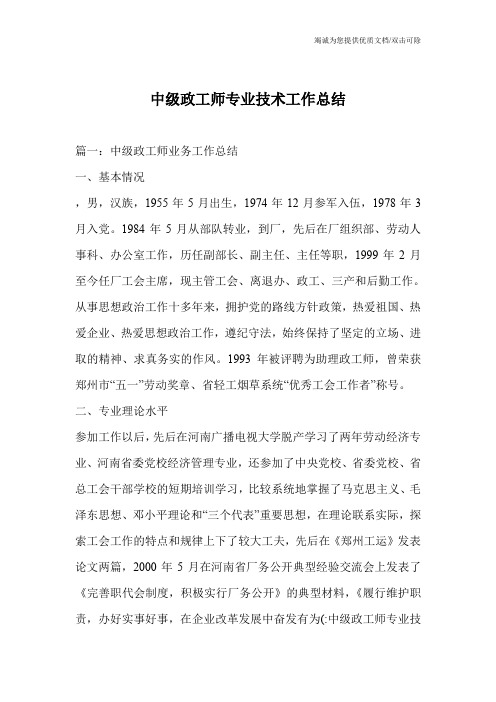 中级政工师专业技术工作总结