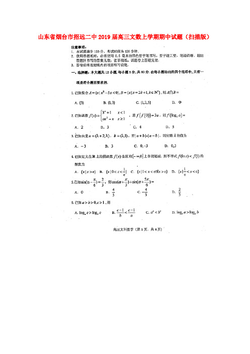 山东省烟台市招远二中2019届高三数学上学期期中试题 文