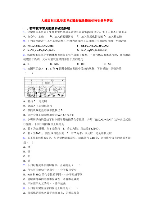 人教版初三化学常见的酸和碱易错培优特训卷附答案