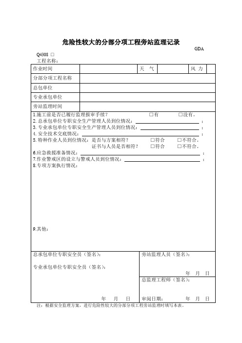 危险性较大的分部分项工程旁站监理记录